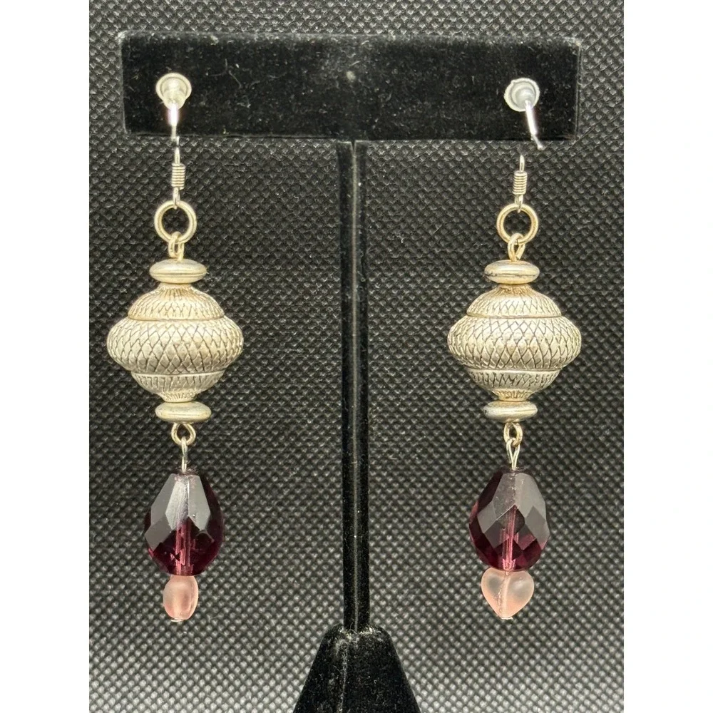 Boho Silver Tone Textured Metal Amethyst & Pink Heart Czech Glass Drop Earrings